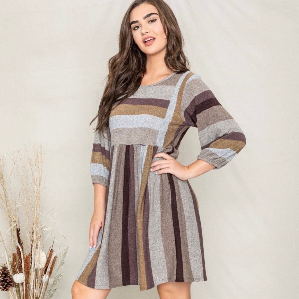 Brown Mocha Plus Mix Stripe Balloon Sleeve Midi Dress